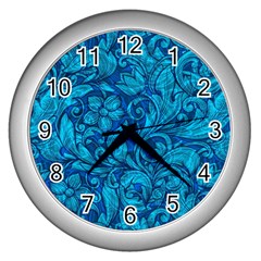 Blue Floral Pattern Texture, Floral Ornaments Texture Wall Clock (silver) by nateshop