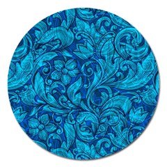 Blue Floral Pattern Texture, Floral Ornaments Texture Magnet 5  (round) by nateshop