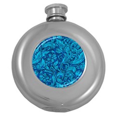 Blue Floral Pattern Texture, Floral Ornaments Texture Round Hip Flask (5 Oz) by nateshop