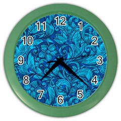 Blue Floral Pattern Texture, Floral Ornaments Texture Color Wall Clock by nateshop