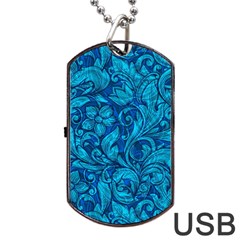 Blue Floral Pattern Texture, Floral Ornaments Texture Dog Tag Usb Flash (one Side) by nateshop