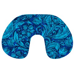 Blue Floral Pattern Texture, Floral Ornaments Texture Travel Neck Pillow by nateshop