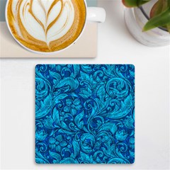 Blue Floral Pattern Texture, Floral Ornaments Texture Uv Print Square Tile Coaster  by nateshop