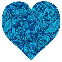 Blue Floral Pattern Texture, Floral Ornaments Texture Wooden Puzzle Heart by nateshop