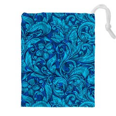 Blue Floral Pattern Texture, Floral Ornaments Texture Drawstring Pouch (5xl)