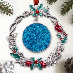 Blue Floral Pattern Texture, Floral Ornaments Texture Metal X mas Wreath Holly Leaf Ornament by nateshop