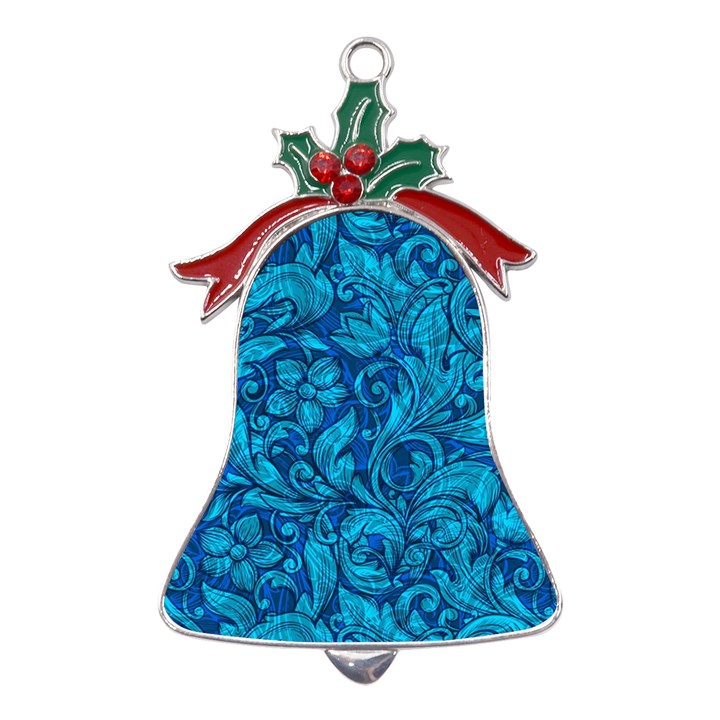 Blue Floral Pattern Texture, Floral Ornaments Texture Metal Holly Leaf Bell Ornament