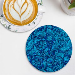 Blue Floral Pattern Texture, Floral Ornaments Texture Uv Print Round Tile Coaster by nateshop