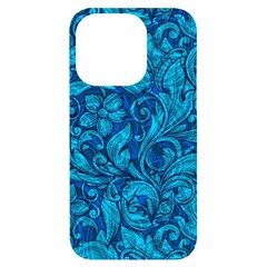 Blue Floral Pattern Texture, Floral Ornaments Texture Iphone 14 Pro Black Uv Print Case