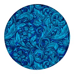 Blue Floral Pattern Texture, Floral Ornaments Texture Round Glass Fridge Magnet (4 Pack) by nateshop