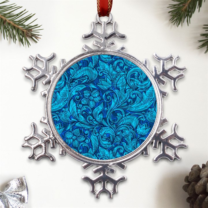 Blue Floral Pattern Texture, Floral Ornaments Texture Metal Large Snowflake Ornament