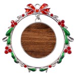 Brown Wooden Texture Metal X mas Wreath Ribbon Ornament Front