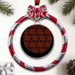 Brown Floral Pattern Floral Greek Ornaments Metal Red Ribbon Round Ornament Front