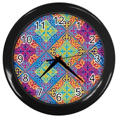 Colorful Floral Ornament, Floral Patterns Wall Clock (black) by nateshop