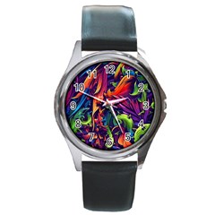 Colorful Floral Patterns, Abstract Floral Background Round Metal Watch