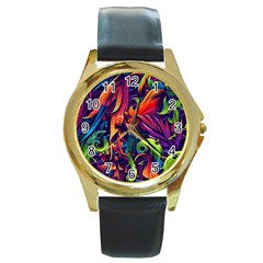 Colorful Floral Patterns, Abstract Floral Background Round Gold Metal Watch