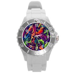 Colorful Floral Patterns, Abstract Floral Background Round Plastic Sport Watch (L)