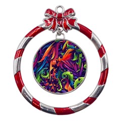 Colorful Floral Patterns, Abstract Floral Background Metal Red Ribbon Round Ornament