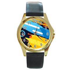 Colorful Paint Strokes Round Gold Metal Watch by nateshop