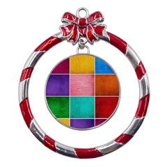 Colorful Squares, Abstract, Art, Background Metal Red Ribbon Round Ornament