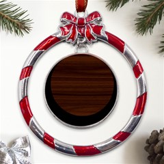 Dark Brown Wood Texture, Cherry Wood Texture, Wooden Metal Red Ribbon Round Ornament by nateshop