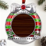 Dark Brown Wood Texture, Cherry Wood Texture, Wooden Metal X Mas Ribbon With Red Crystal Round Ornament Front