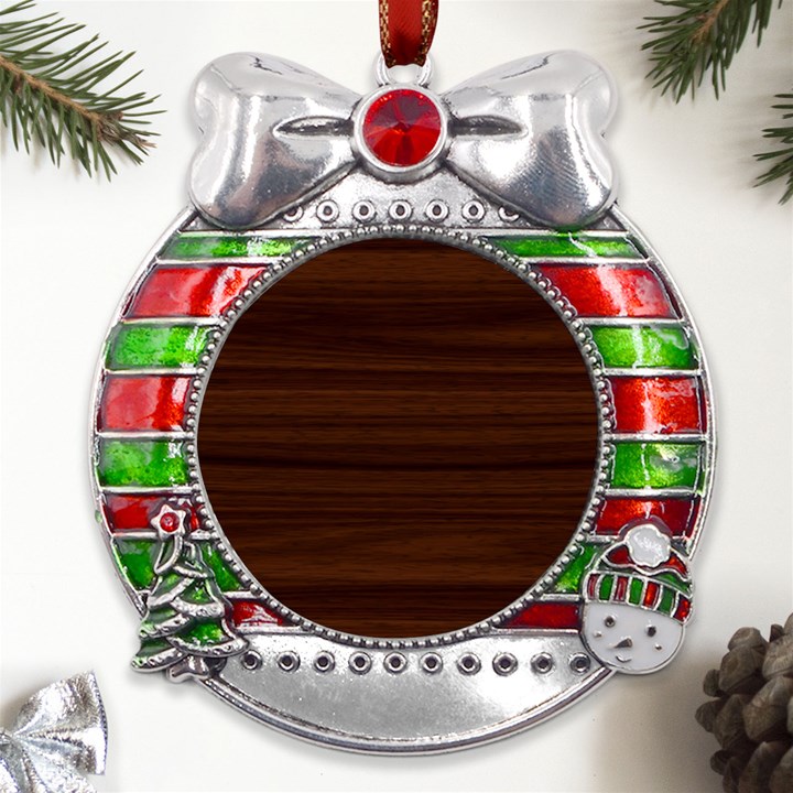 Dark Brown Wood Texture, Cherry Wood Texture, Wooden Metal X Mas Ribbon With Red Crystal Round Ornament