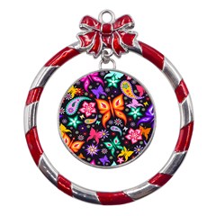 Floral Butterflies Metal Red Ribbon Round Ornament