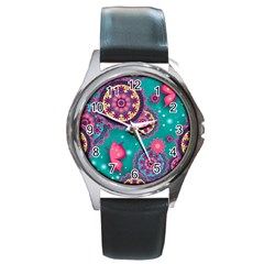 Floral Pattern, Abstract, Colorful, Flow Round Metal Watch