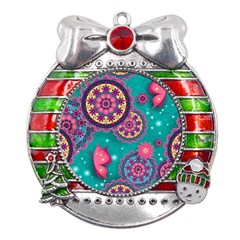 Floral Pattern, Abstract, Colorful, Flow Metal X mas Ribbon With Red Crystal Round Ornament