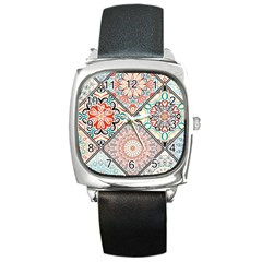 Flowers Pattern, Abstract, Art, Colorful Square Metal Watch by nateshop