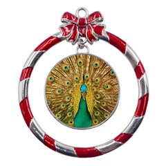 Peacock Feather Bird Peafowl Metal Red Ribbon Round Ornament by Cemarart