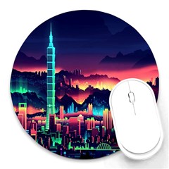 Cityscape Building Painting 3d City Illustration Round Mousepad by Bedest