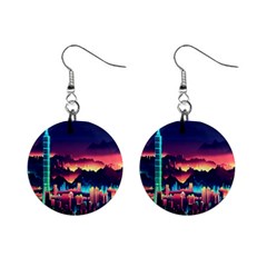 Cityscape Building Painting 3d City Illustration Mini Button Earrings by Bedest