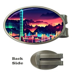 Cityscape Building Painting 3d City Illustration Money Clips (oval)  by Bedest