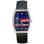 Cityscape Building Painting 3d City Illustration Barrel Style Metal Watch Front