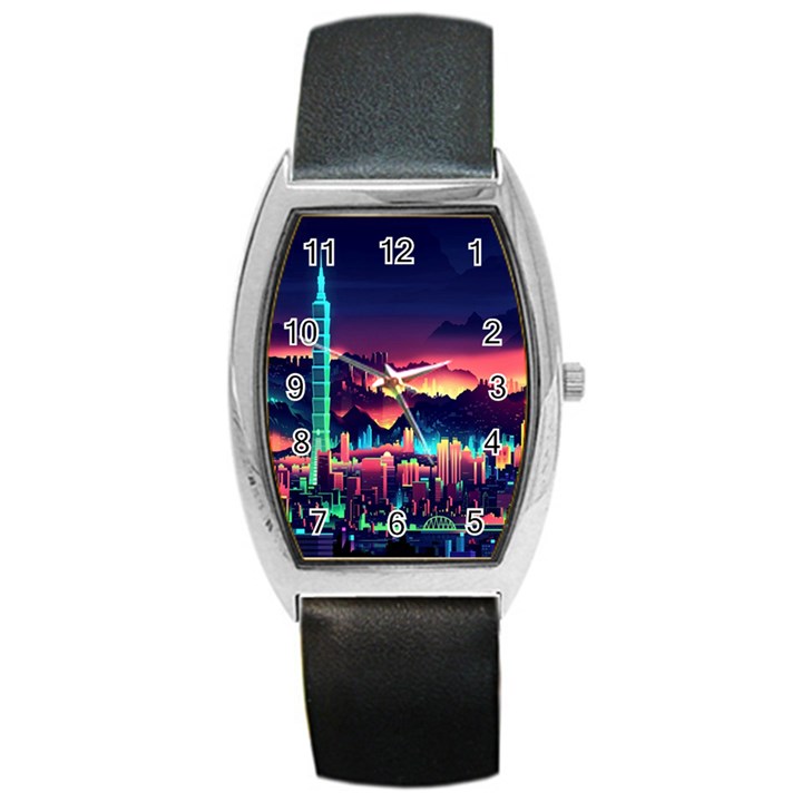 Cityscape Building Painting 3d City Illustration Barrel Style Metal Watch