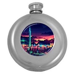 Cityscape Building Painting 3d City Illustration Round Hip Flask (5 Oz) by Bedest