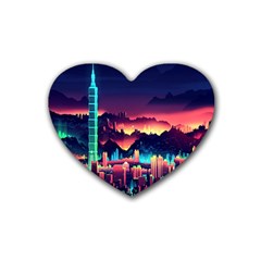 Cityscape Building Painting 3d City Illustration Rubber Heart Coaster (4 Pack) by Bedest