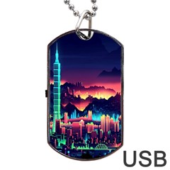 Cityscape Building Painting 3d City Illustration Dog Tag Usb Flash (one Side) by Bedest