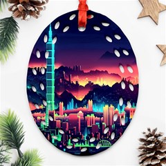 Cityscape Building Painting 3d City Illustration Oval Filigree Ornament (two Sides)