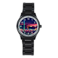 Cityscape Building Painting 3d City Illustration Stainless Steel Round Watch by Bedest