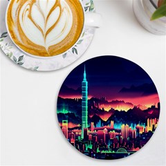 Cityscape Building Painting 3d City Illustration Uv Print Round Tile Coaster by Bedest