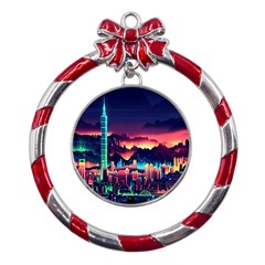 Cityscape Building Painting 3d City Illustration Metal Red Ribbon Round Ornament