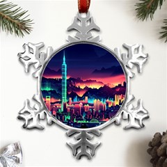 Cityscape Building Painting 3d City Illustration Metal Small Snowflake Ornament by Bedest