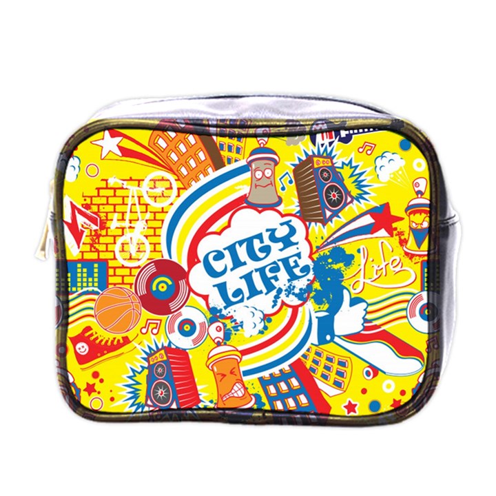 Colorful City Life Horizontal Seamless Pattern Urban City Mini Toiletries Bag (One Side)