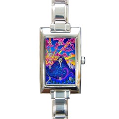 Blue And Purple Mountain Painting Psychedelic Colorful Lines Rectangle Italian Charm Watch by Bedest