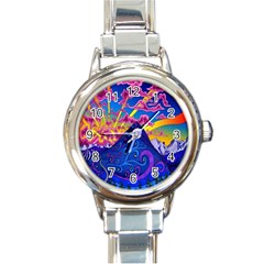 Blue And Purple Mountain Painting Psychedelic Colorful Lines Round Italian Charm Watch by Bedest