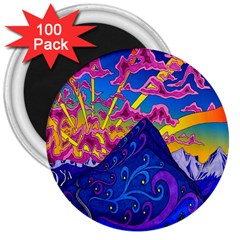 Blue And Purple Mountain Painting Psychedelic Colorful Lines 3  Magnets (100 Pack) by Bedest