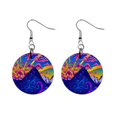 Blue And Purple Mountain Painting Psychedelic Colorful Lines Mini Button Earrings by Bedest